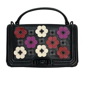 Rebecca Minkoff Love Black & Red Floral Appliqué Flap Bag Top Handle Crossbody